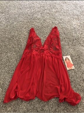 Seven Til Midnight Red 2 Pc Floral Galloon Lace Babydoll With Panty, 3X/4X, NEW